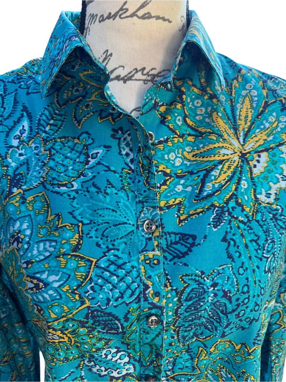 Lands' End Turquoise Floral Button-Front Blouse Size 12 - Picture 5 of 11